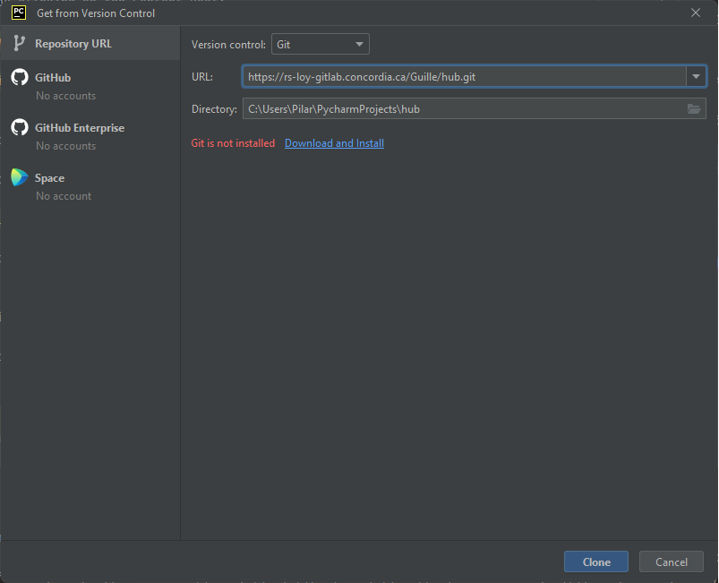 pycharm get from version control screen