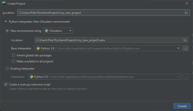 pycharm new project screen