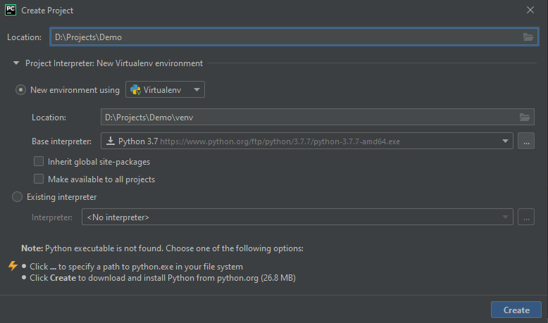 pycharm new project screen