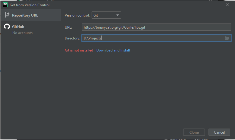 pycharm get from version control screen