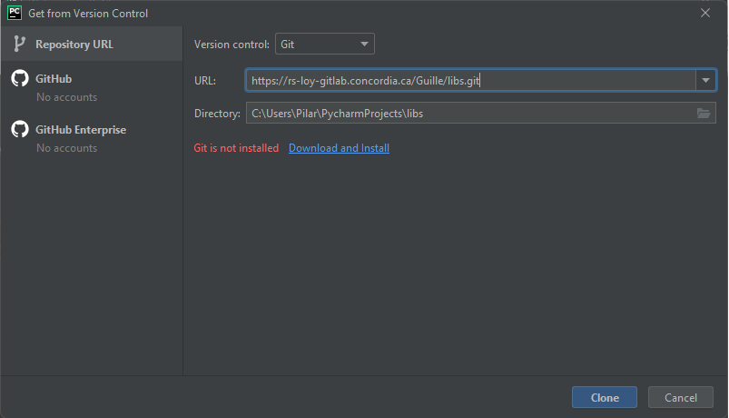 pycharm get from version control screen